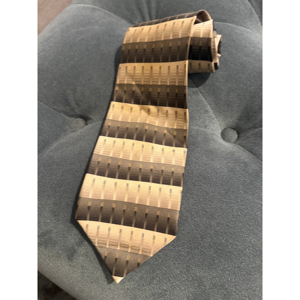 Bergamo New York Mens Silk Tie Brown Tan Geometric Block Pattern Handmade B-52